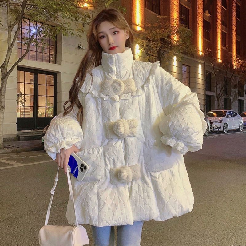 เสื้อโค้ท ฤดูหนาว ผู้หญิง ดีไซน์ใหม่ หนา หลวม สีขาว