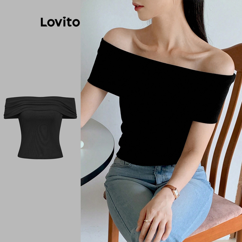 Lovito เสื้อยืดไหล่เย็นสำหรับผู้หญิง L105MD684