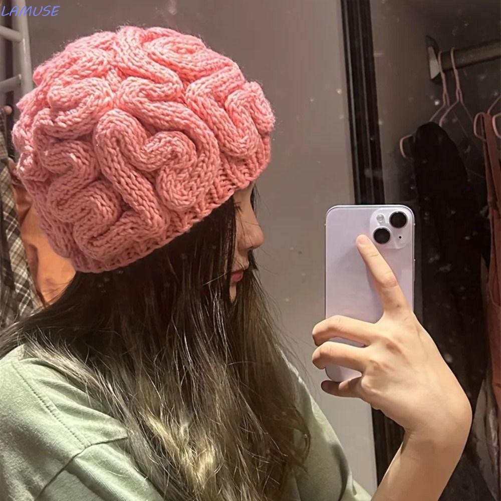 Lamuse Brain Pullover Cap, หมวกสมองถักขี้เล่นอบอุ่น, หมวกฝึกสมองตลกหนานุ่มกันลมกลางแจ้ง