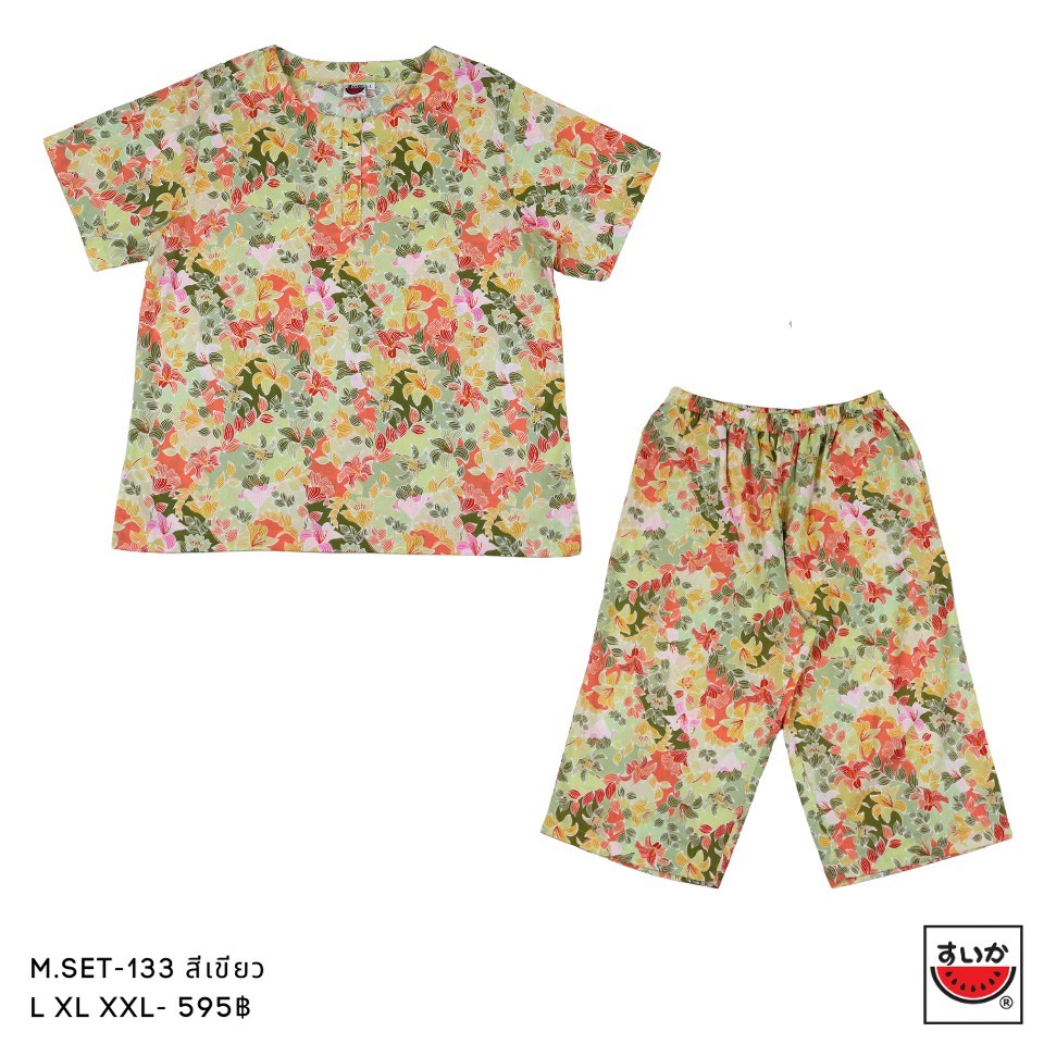 แตงโม (SUIKA) - เซ็ทชุดนอนผ้าป่านมัสลินเสื้อคู่กางเกง ลายดอกไม้ ( M.SET-133 )