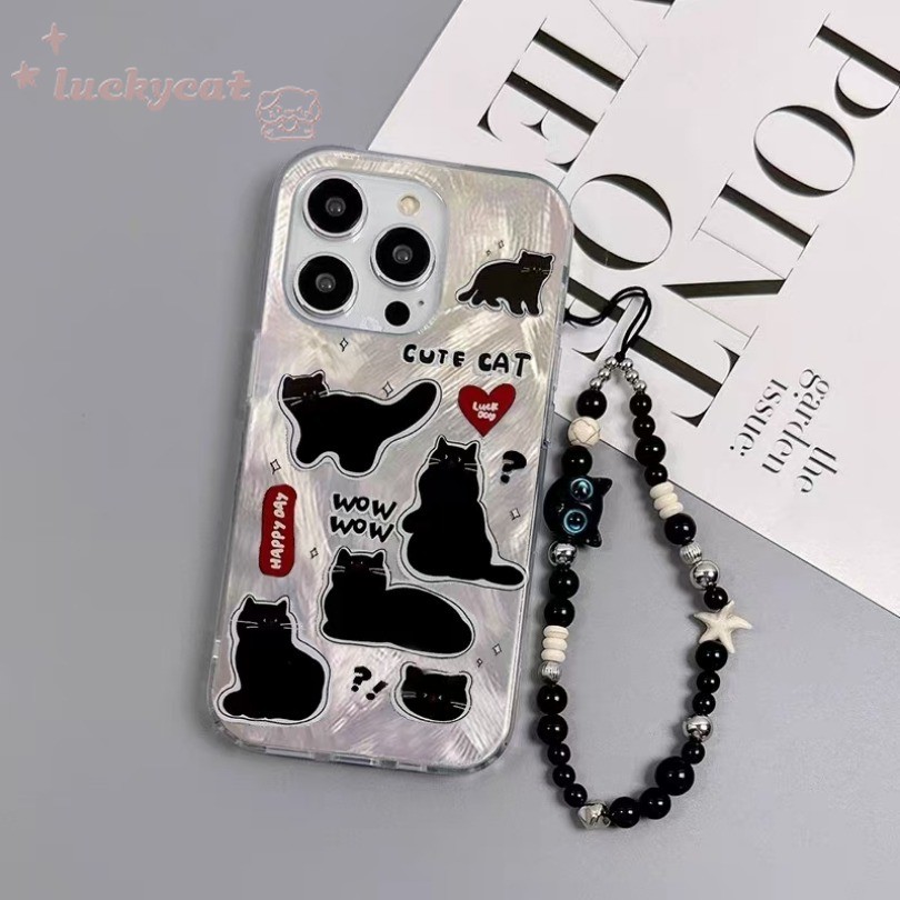 IPhone 17 16 15 14 13 12 11 Pro Max X Xr Xs Max 7 8 Plus SE2020 เคสโทรศัพท์บุคลิกภาพคําถาม Mark Black Cat Bling Soft + Lanyard ฝาครอบโทรศัพท์