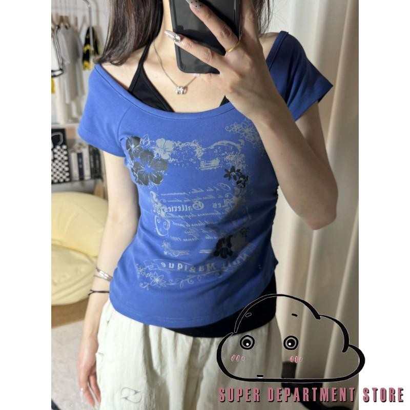 Super-vintage ปลอมสองชิ้น Halter Lace Up เสื้อยืด Y2k Slim Fit พิมพ์เสื้อผู้หญิงปิดไหล่แขนสั้นเสื้อผ้า