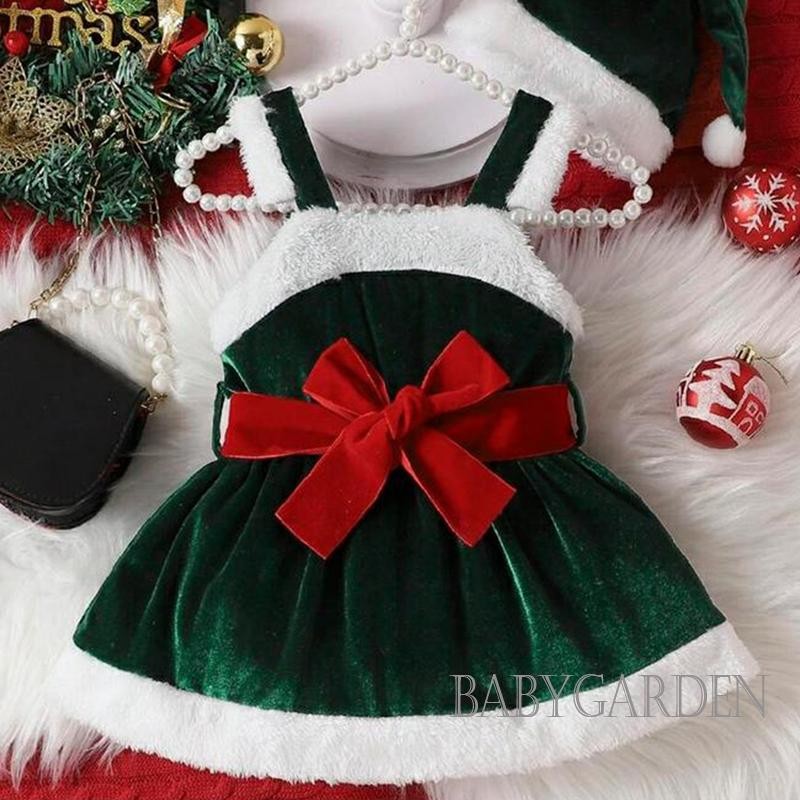 【ส่งจากไทย】ชุดเดรสสายเดี่ยวทรงเอแขนกุดผ้ากำมะหยี่แต่งเทอร์รี่โบว์คาดเอว + หมวก สำหรับเด็กผู้หญิง อายุ 6 เดือน – 3 ปี