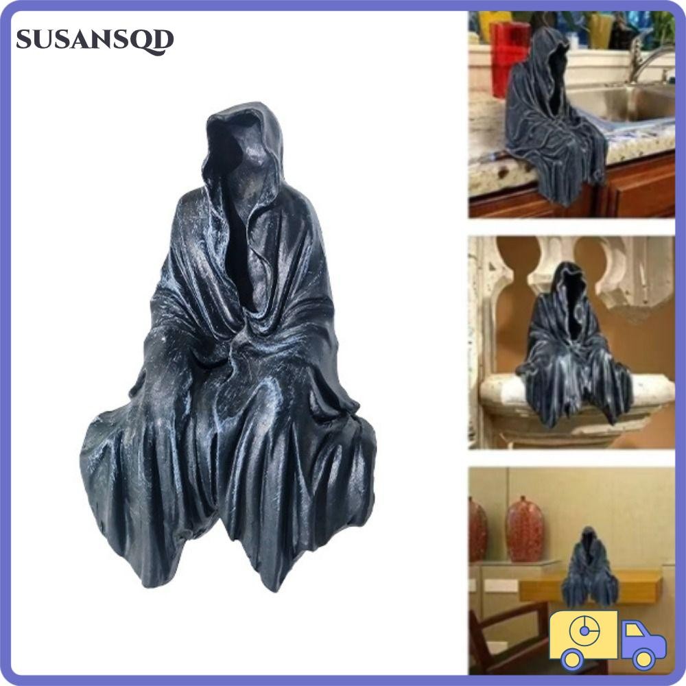Susansqd เสื้อคลุมสีดํานั่งประติมากรรมสวน, เสื้อคลุมสีดํา Night Walker เครื่องประดับตกแต่งฮาโลวีน Reaper รูปปั้นนั่ง, สยองขวัญ Gothic Desktop เครื่องประดับ