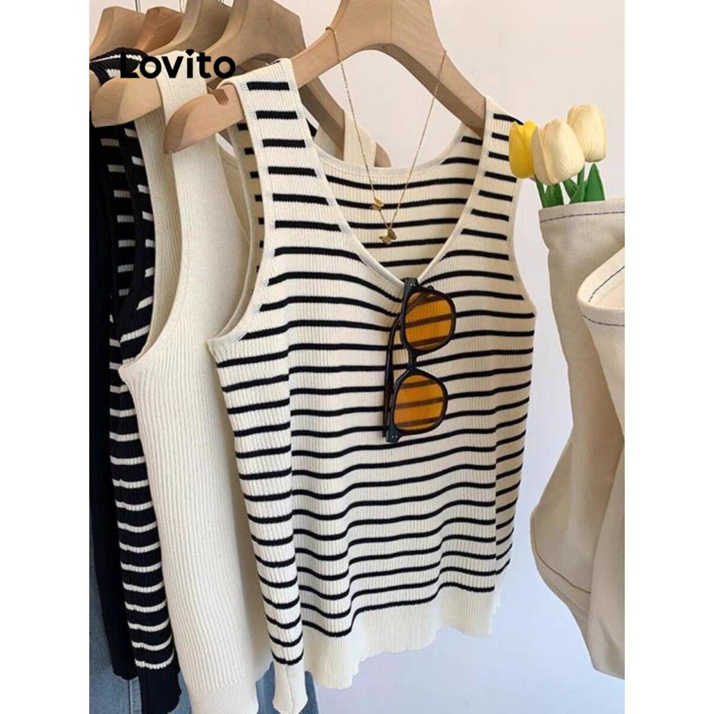 Lovito เสื้อถัก บล็อกสี ลายทางลำลองสำหรับผู้หญิง LNL77021