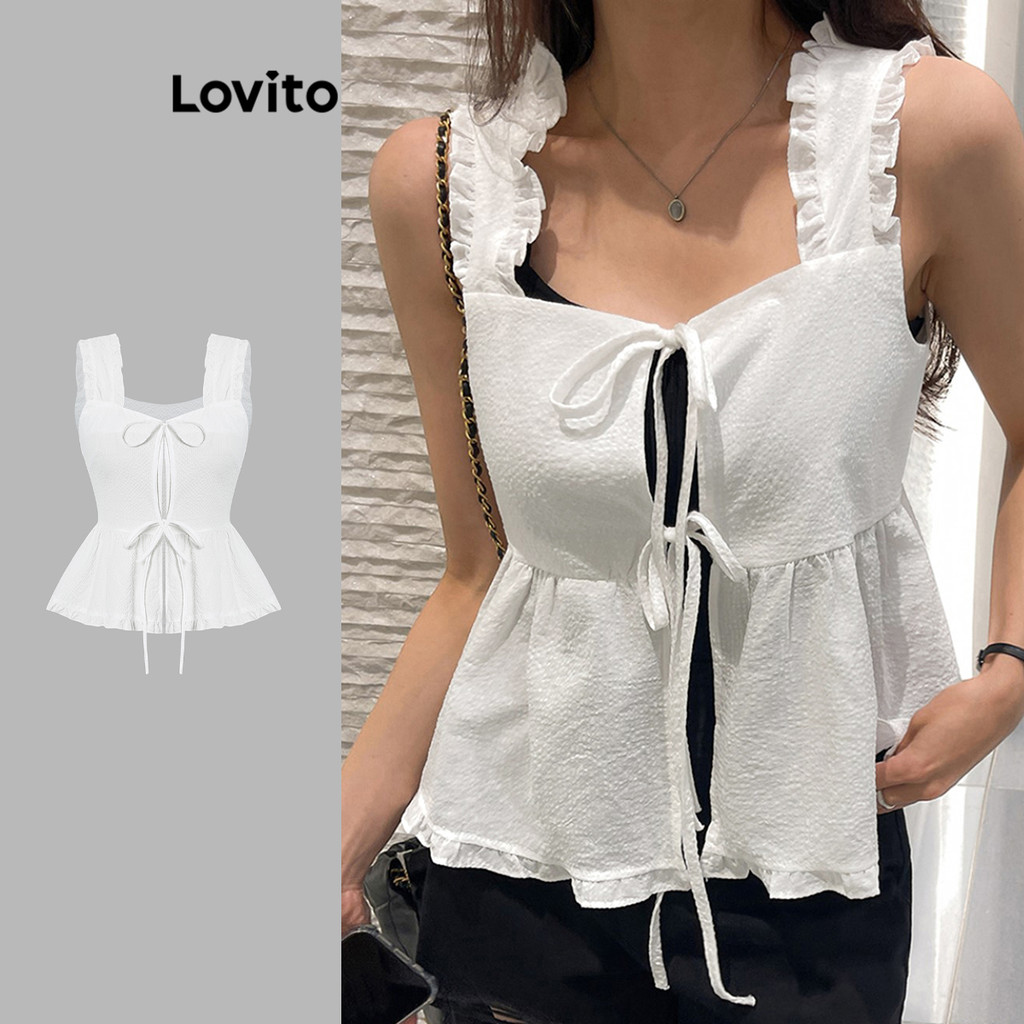 Lovito ผู้หญิงตัดแต่งมัดเสื้อกล้ามธรรมดาเรียบหรูกุ๊นผักกาดหอมผูกเสื้อกล้ามด้านหน้าสำหรับผู้หญิง L105MD690