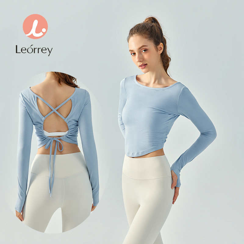 Leorrey-โยคะแขนยาวเสื้อยืดหลวมสลิมฟิตกีฬาด้านบนโค้งเหมระบายอากาศสวมใส่ออกกำลังกาย