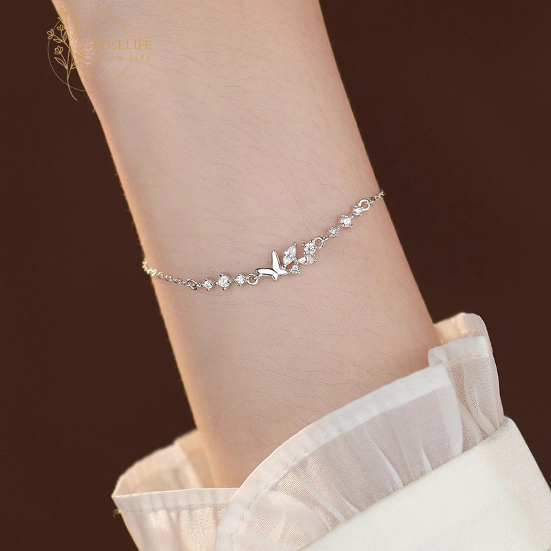โรสไลฟ์ บางเงินที่ละเอียดอ่อนคริสตัลลูกปัดผีเสื้อสร้อยข้อมือเสน่ห์สําหรับผู้หญิงสาวสวมใส่ทุกวันเลือกฟรีข้อมือโซ่