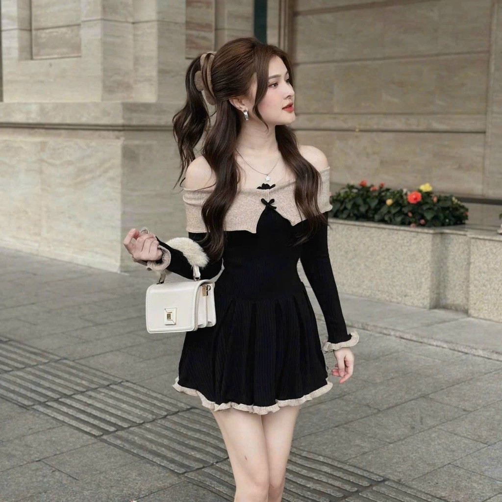 แฟชั่น Ribbed Elastic Midi Dress เซ็กซี่ปิดไหล่ Bow แขนยาว TTGB0460