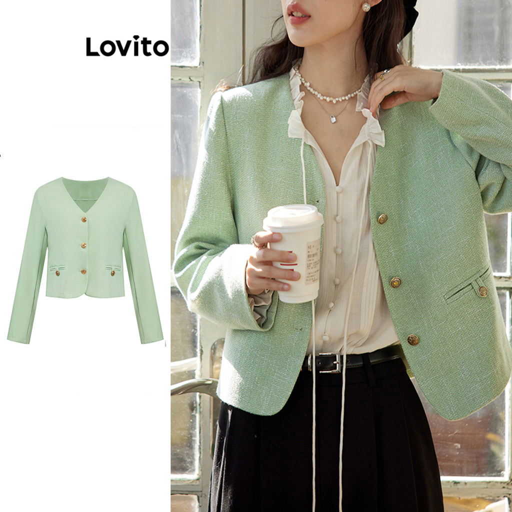 Lovito เสื้อแจ็กเก็ตกระเป๋าหน้าปลอมกระดุมธรรมดาลำลองสำหรับผู้หญิง L102AD414
