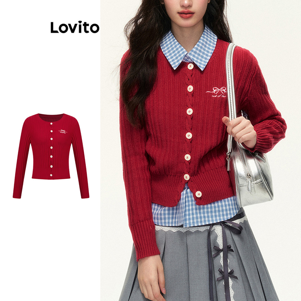 Lovito เสื้อคาร์ดิแกนปักกระดุมธรรมดาน่ารักสำหรับผู้หญิง L102AD395