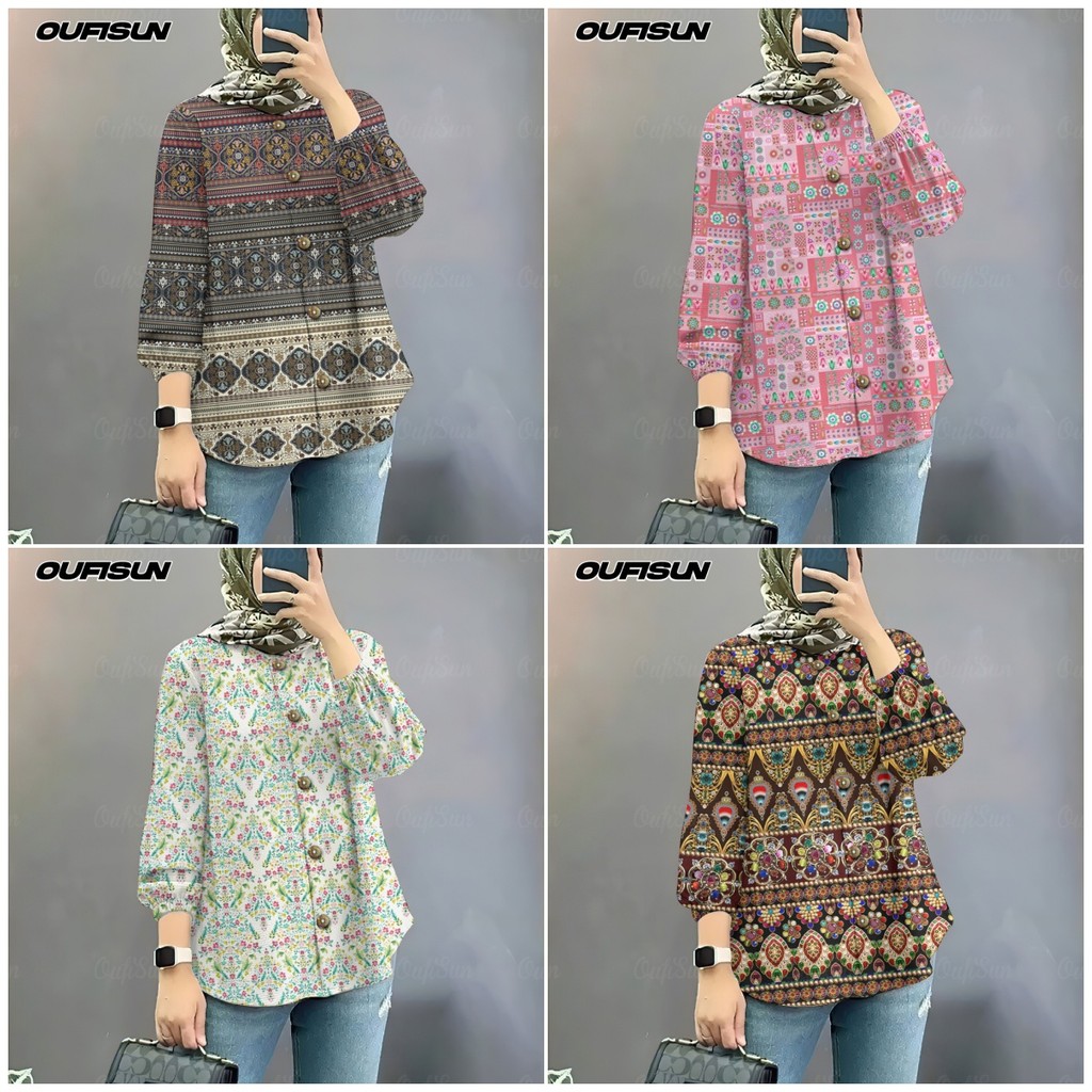 2024 Deepavali เสื้อเบลาส์สําหรับผู้หญิง Baju รอบคอปุ่มเสื้อผู้หญิง Diwali เสื้อแขนยาว Retro ดอกไม้ด