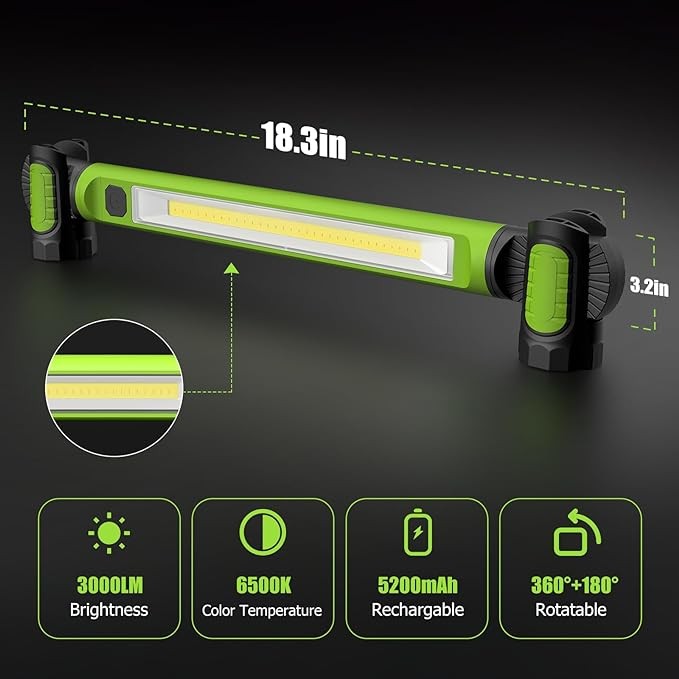 ไฟ ตะขอ ไฟฉุกเฉิน 2025 ขายร้อน 3000LM ไฟ LED ทํางาน, 5200mAh ไฟทํางานแม่เหล็กแบบชาร์จไฟได้ Underhood ไฟทํางานไร้สายพร้อมตะขอ Workshop ไฟฉุกเฉินแบบชาร์จไฟได้
