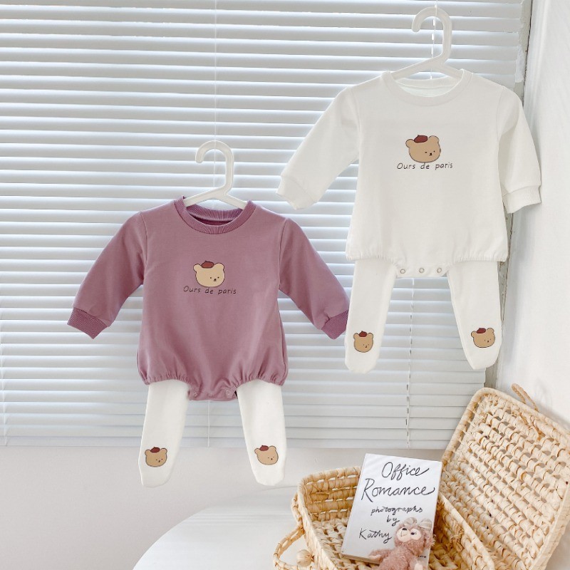 เสื้อผ้าเด็กชุดฤดูใบไม้ร่วงแขนยาวromper + กางเกงขายาว2ชิ้นเด็กทารกหญิงน่ารักหมีบอดี้สูทชุด0-2ปี