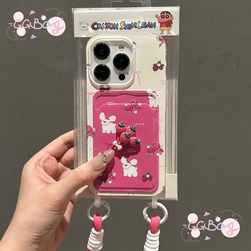 เคสใส่บัตรแบบมีสายคล้องสองเส้นรูปลูกสุนัขสตรอเบอร์รี่ 3 มิติ เคสไอโฟน11 16 XR 13 15 14 12 Pro Max 7 15 8 Plus X XS Max