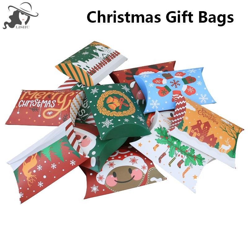 Lishu 10 ชิ้นคริสต์มาสธีมหมอนของขวัญกล่องกระดาษคราฟท์ Creative Xmas Favor Candy กล่องบรรจุภัณฑ์ถุงของขวัญปีใหม่ Party Supplies th