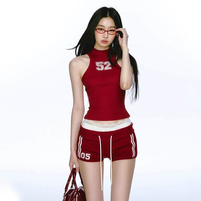 ขายร้อน! F & X ชุดบุคลิกภาพแบบใหม่ฤดูร้อนสไตล์อเมริกัน INS เสื้อกั๊กกีฬาเข้ารูปสำหรับผู้หญิงกางเกงขาสั้นเชือกรูดเซ็กซี่สำหรับผู้หญิงชุดสองชิ้นแฟชั่น