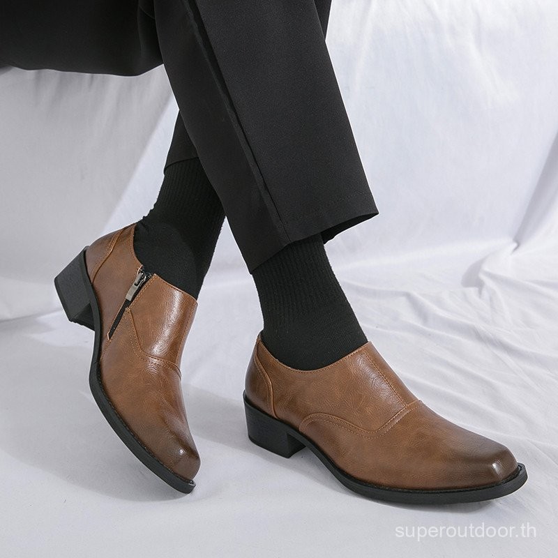 ผู้ชายหนัง DERBY Oxfords รองเท้าคลาสสิก SLIP-ON LOW TOP Square Toe loafers ส้นสูงธุรกิจงานแต่งงานรองเท้าซิปด้านข้าง8PAZ