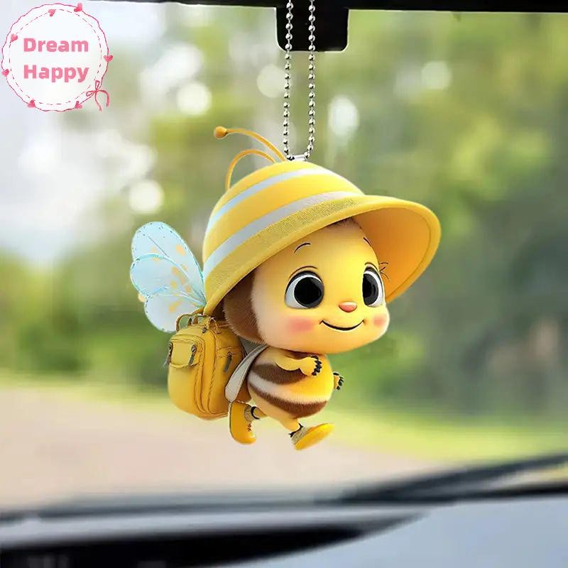 Dreamhappy สัตว์ที่สมจริงน่ารักผึ้งน้อย 2D จี้อะคริลิคกระจกมองหลังแขวนอุปกรณ์ตกแต่งรถจี้รถแขวนเครื่องประดับ TH