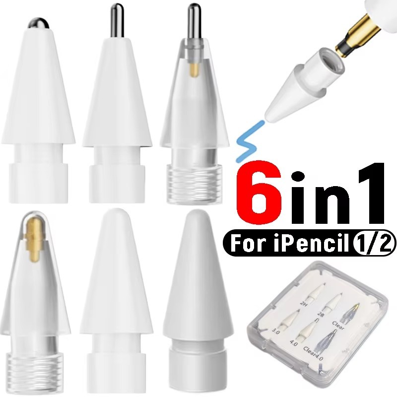6 in 1 เปลี่ยนปากกาสไตลัส Nibs สําหรับ Apple Pencil 1/2 - ทนต่อการสึกหรอ ความไวสูง ลดเสียงรบกวน - สไตลัสที่ทนต่อการสึกหรอ - เคล็ดลับ 2H 2B 4.0 ปลายปากกาโปร่งใส