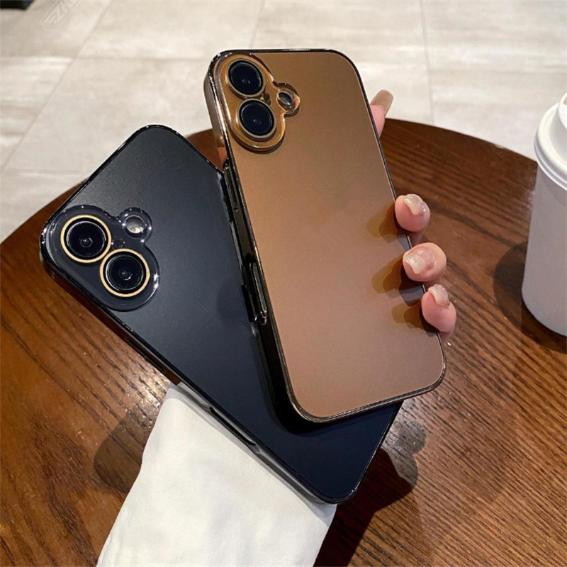 Desert Gold ชุบ AG Matte โลโก้เคสโทรศัพท์สําหรับ iPhone 16 Pro Max 11 12 13 14 15 Pro Max 16 15 14 Plus กระจกเต็มกล้องเลนส์ฟิล์มปลอก Hard PC กันกระแทกปกหลัง