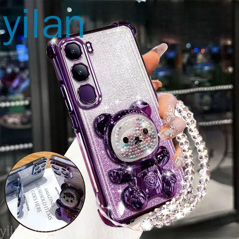 เคสโทรศัพท์กันกระแทกสําหรับ Vivo Y19s 2024 สี่มุม anti drop น่ารัก 3D สีสันผู้ถือหมีวงเล็บฝาครอบคริสตัล braceletsoftcase