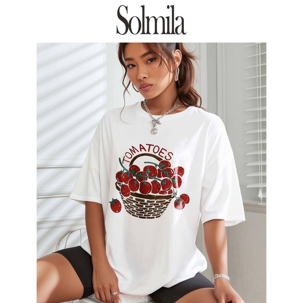 [OLO] ฤดูร้อนผู้หญิงบางรอบคอหลวมสบายๆแขนสั้นเสื้อยืด