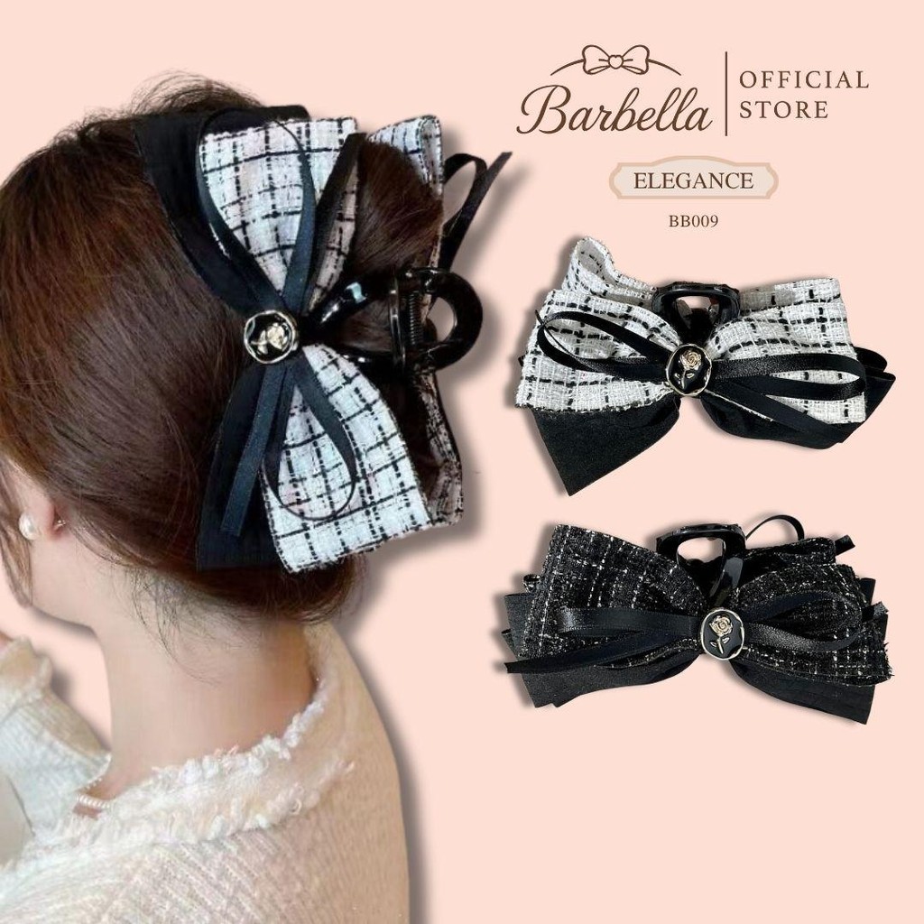 Barbella กิ๊บติดผมโบว์ผ้าทวีต กิ๊บหนีบผมแต่งโบว์ซาตินและลายกุหลาบ รุ่น Elegance (BB009)