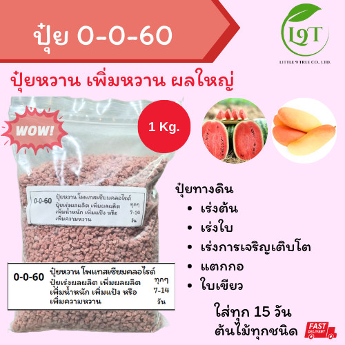 ปุ๋ย 0-0-60 ปุ๋ยหวาน ถุงแบ่ง 1 kg. ไม้ผล เพิ่มผลใหญ่ เร่งแป้ง บำรุงราก หาอาหารเก่ง