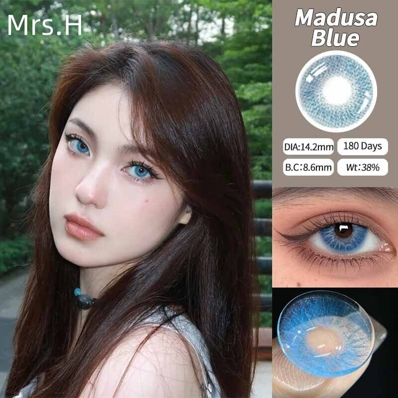 Mrs.H แฟชั่นยอดนิยม 2 ชิ้น Graded(0 ~-8.00) สีน้ําตาลสีเขียวสีฟ้าคอนแทคเลนส์สีพร้อม Power Big Eyes ธ