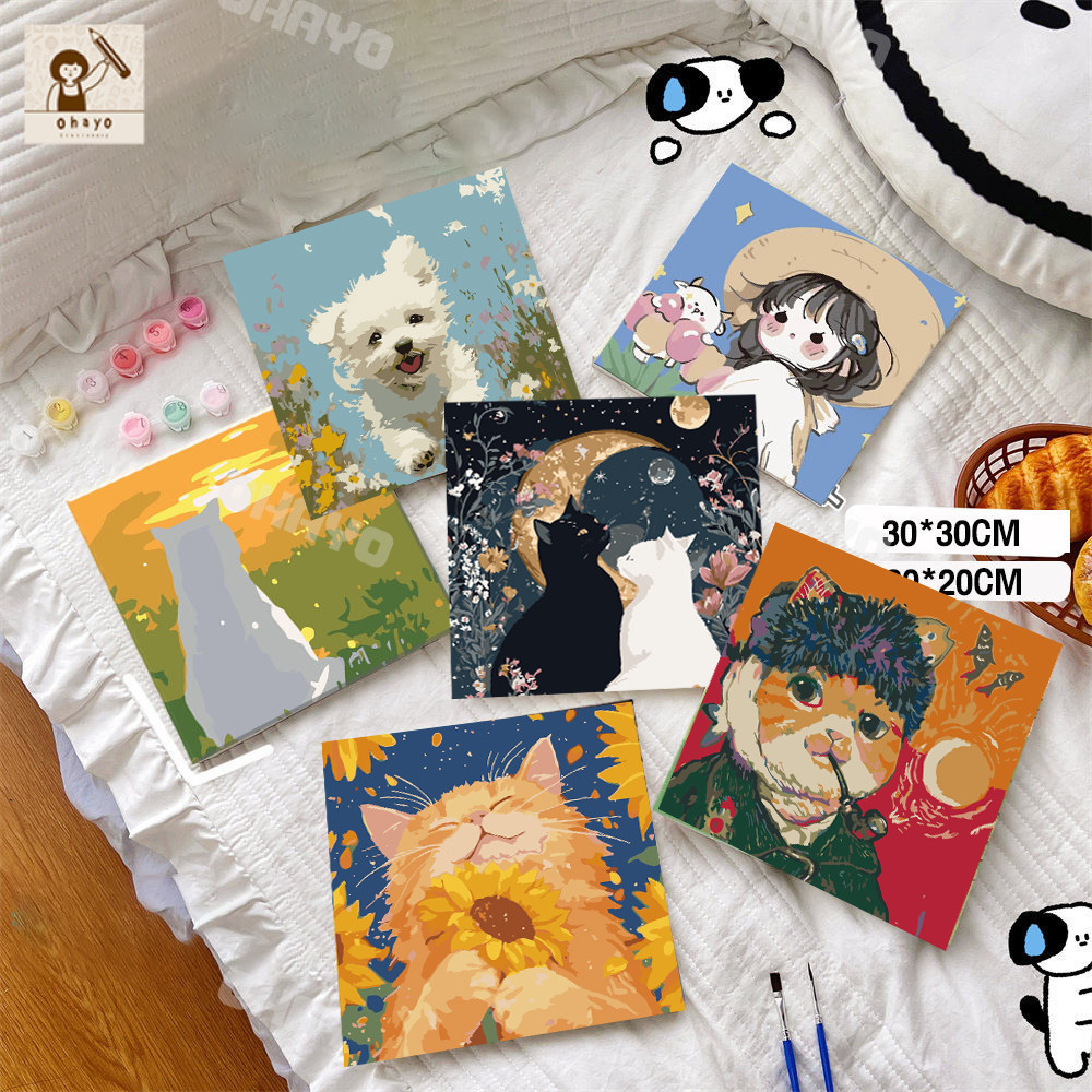 Ohayo จิตรกรรมดิจิตอล20X20/30X30ซม ภาพระบายสีตามตัวเลข DIY ตัวการ์ตูน ระบายสีตามตัวเลข ภาพวาดตกแต่งผนัง ฝึกสมาธิ ของขวัญ