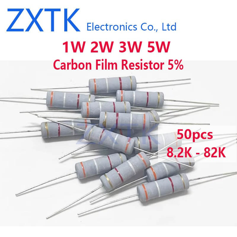 ใหม่ CHIP 50PCS Carbon film resistor 5% Ohm 1W 2W 3W 5W 8.2K-82K 9.1K 10K 12K 15K 18K 20K 22K 24K 27