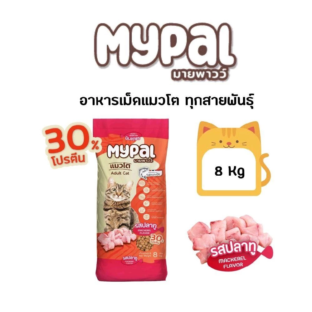 Mypal อาหารแมวเม็ดพรีเมี่ยม โปรตีน 30% ขนาด 8 kg มี 2 รสชาติ รสปลาทู และรสปลาทะเล