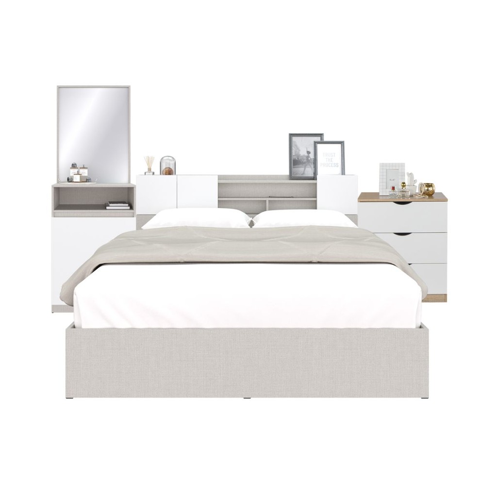 Koncept Furniture ชุดห้องนอน 5 ฟุต รุ่น Hollyn & ตู้ลิ้นชัก Pody สีผ้าครีม  แบรนด์ KONCEPT FURNITURE