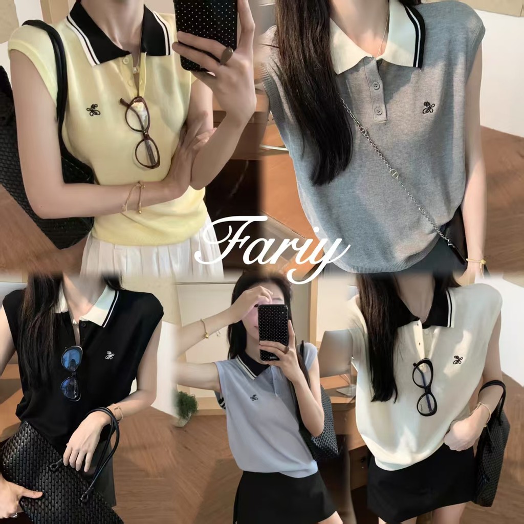 Fariy🍒คลังสินค้าพร้อม🍒 สไตล์เกาหลีเอวไม่ซ้ำใครคอโปโลเสื้อกั๊กถักสั้นแขนกุดเสื้อยืดคอวีผู้หญิง