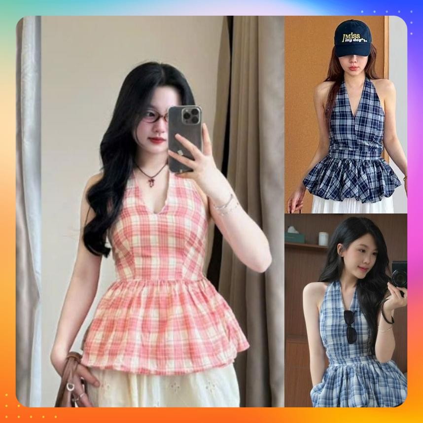 ️[P432] เสื้อเชิ้ตผู้หญิงคอปกลายสก๊อตและบานเอวยางยืดสําหรับลุคแบน -PnG