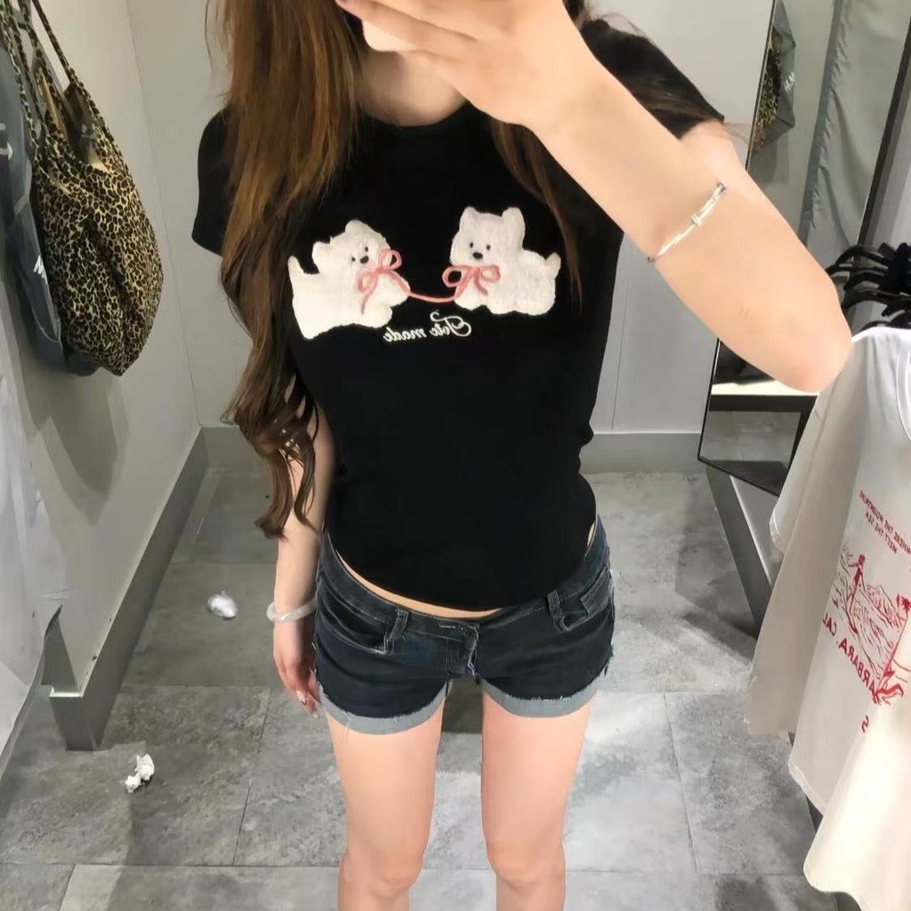 40 Odell Pure Cotton American Patch Puppy ปักเสื้อยืดแขนสั้นหญิง Mink ขนแกะฉีดด้านนอก T3ID