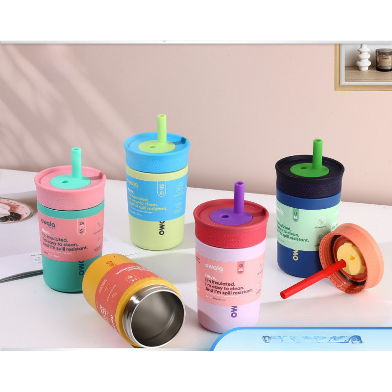 Owala Kids แก้วน้ําสแตนเลสหุ้มฉนวนพร้อมหลอดแบบยืดหยุ่นสําหรับเด็ก 12oz
