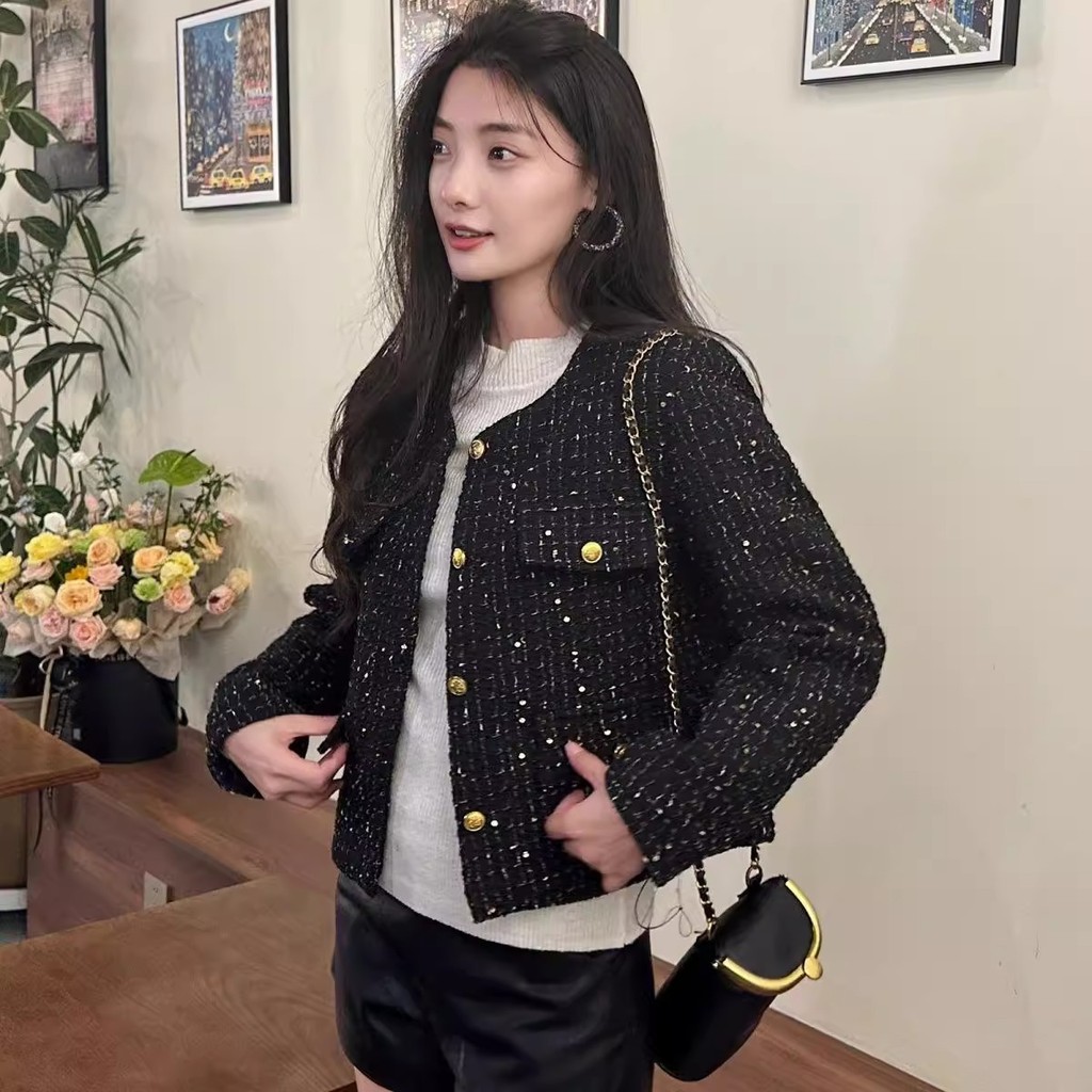 ดำ สไตล์หรูหรา เสื้อแขนยาว ผู้หญิง แจ็คเก็ต มีกระเป๋า ทวิต คาร์ดิแกน กระดุม เบลเซอร์