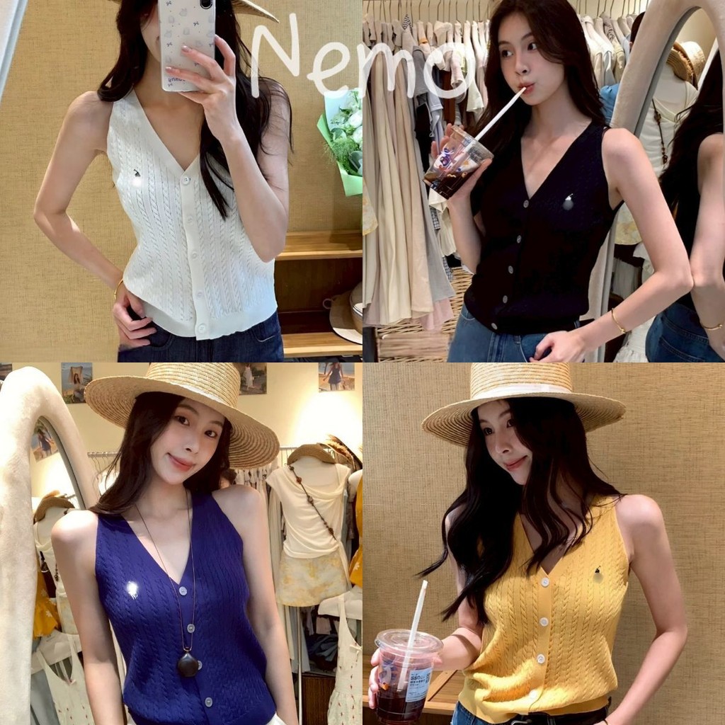 Nemo store🌸#Z-860 เสื้อกล้ามไหมพรม แขนกุดกระดุมด้านหน้า สีสดใส ยืดพอดี
