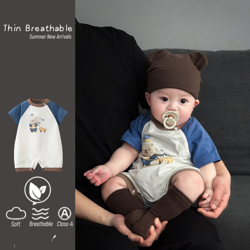 ชุดบอดี้สูทแขนสั้นสำหรับเด็กอายุ 0-24 เดือน แบบการ์ตูนหมีตุ๊กตา สไตล์น่ารัก