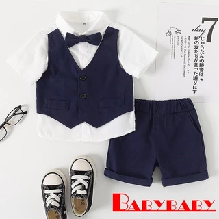 ชุดเด็กชาย Bab-Kids แบบสุภาพชน_patchwork bow tie blazers กับกางเกงขาสั้น ชุดสองชิ้นสีเรียบ