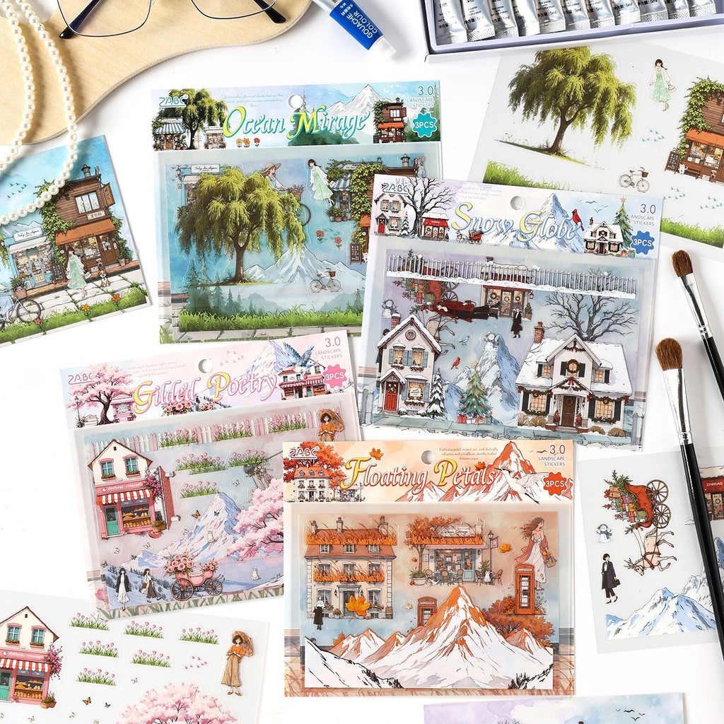 พร้อมสต็อก 3 แผ่น Into Tour Season หนังสือภาพประกอบสติกเกอร์ภูมิทัศน์ High-End ธีมตัวละครวัสดุสติกเกอร์คู่มือภูมิทัศน์ DIY ตกแต่ง Collage คู่มือสติกเกอร์