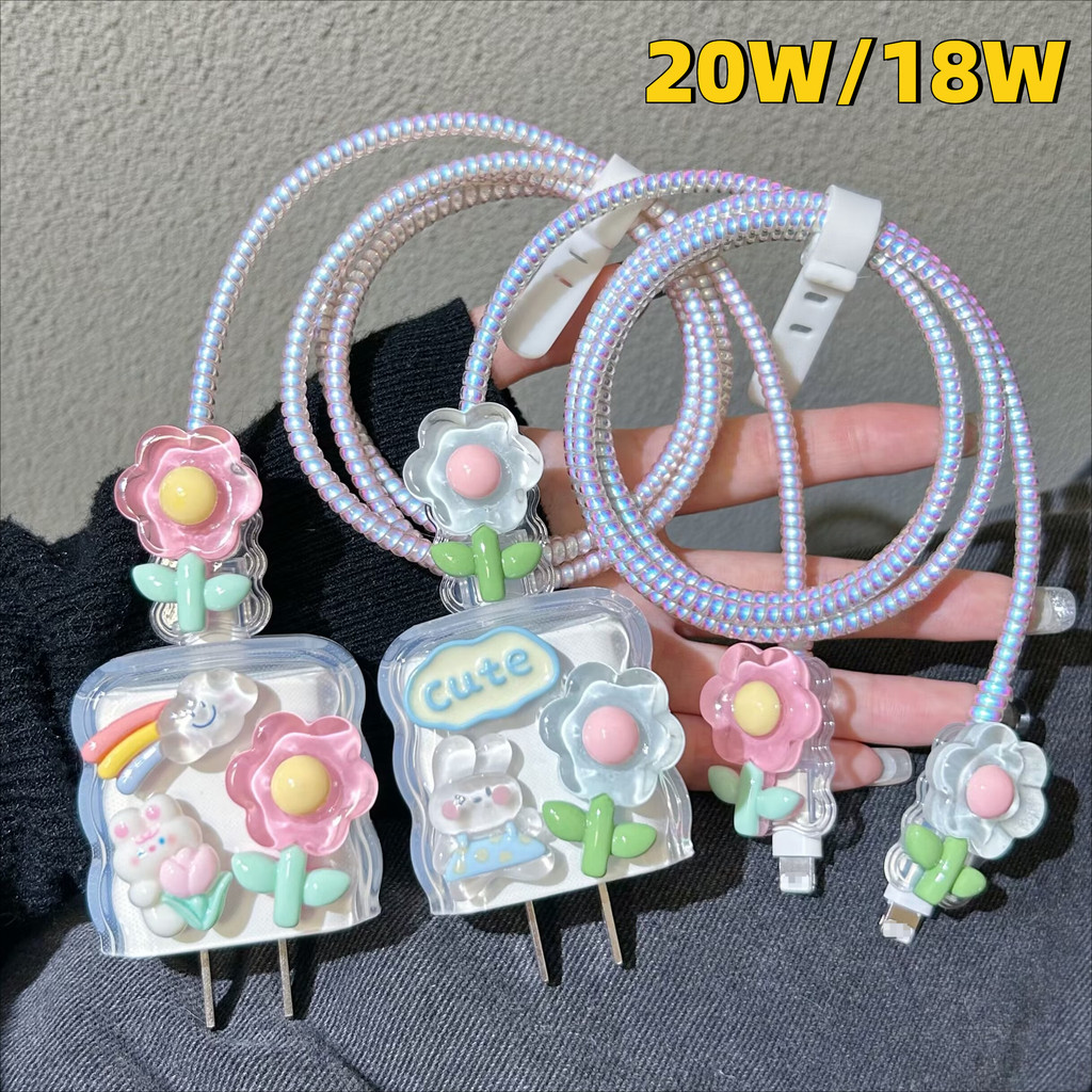 🚚COD🚚 18W/20W ( 1เซ็ท5ชิ้น )ชุดแต่งสายชาร์จลายการ์ตูน เคสหัวชาร์จ ชุดถนอมสายชาร์จการ์ตูนน่ารักๆ