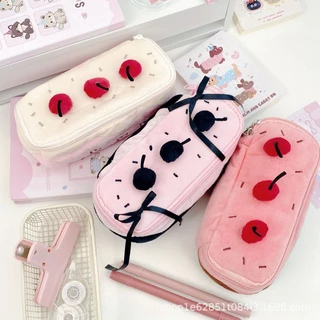 COD กล่องดินสอลายเค้กเชอร์รี่ ความจุขนาดใหญ่ หลายชั้น กันน้ำ อเนกประสงค์ Plush Cherry น่ารักเค้ก