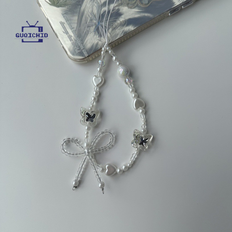 โซ่พวงกุญแจ สายคล้องโทรศัพท์มือถือ Anti-Lost สายคล้องโทรศัพท์ดีไซน์ย้อนยุค โบว์สีขาว โซ่โทรศัพท์ จี้รูปหัวใจมุก