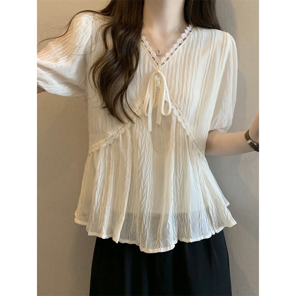 ส่งไวจากไทย Summer L-4XL พลัสขนาดเสื้อชีฟองแขนสั้นฤดูร้อนสั้นเสื้อหลวมสุภาพสตรีฤดูร้อนเสื้อยืด