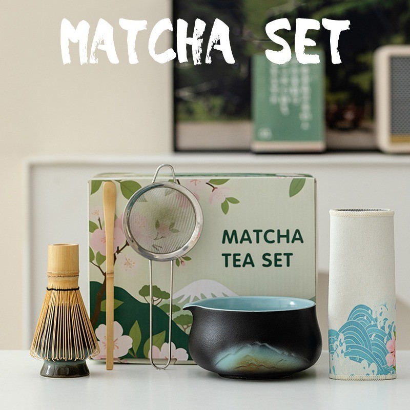 ภาพวาดเคลือบชุดชงมัทฉะ 6 ชิ้น ชามชงมัทฉะ ชุดชงชา เซ็ทชงมัทฉ แก้วชงมัทฉะ ถ้วยชงมัทฉะมีปาก