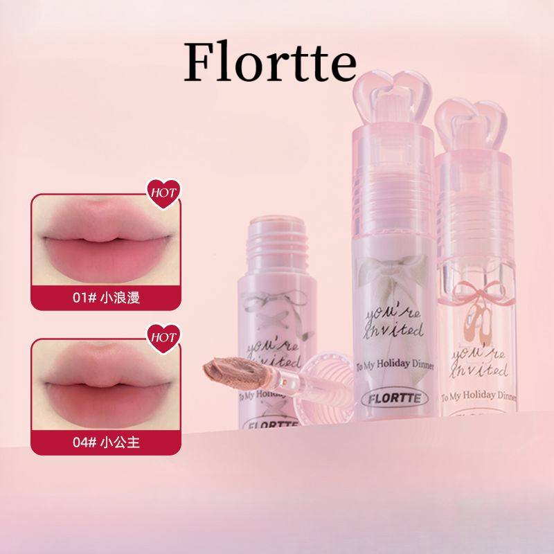 Flortte Little Bow Series เค้กนมครีมลิปโคลน Mist Matte Moisturizing Diminishing Lip Lines ง่ายต่อการสี Natural Brightening Whitening Lip Cream