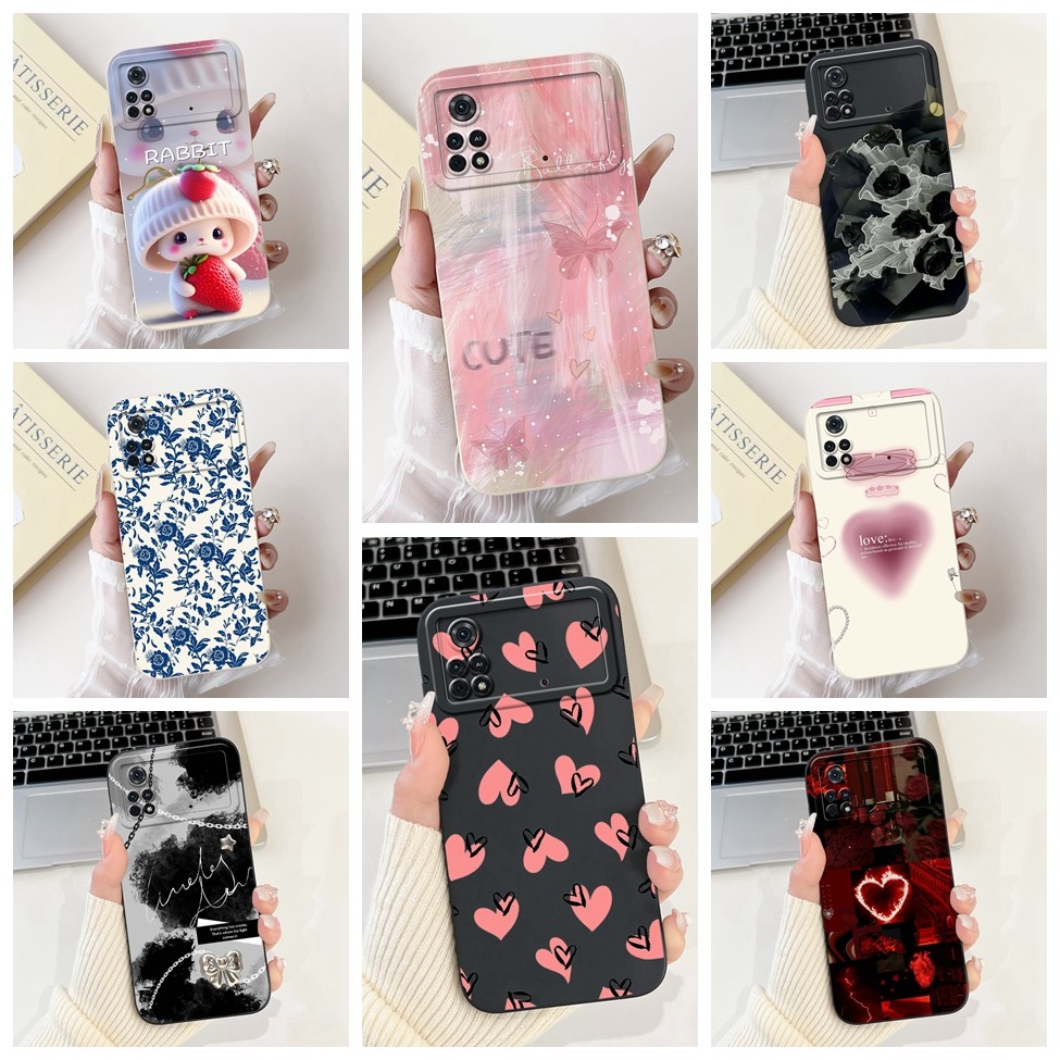 สําหรับ Poco M4 Pro กรณีหรูหราแฟชั่นดอกไม้ Kawaii แมวน่ารักกันกระแทกเคสโทรศัพท์ MZB0B5VIN 2201117ปี่